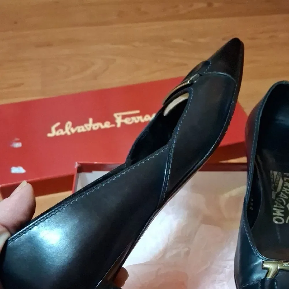 Salvatore Ferragamo Black Leather Heels with Gold Accent